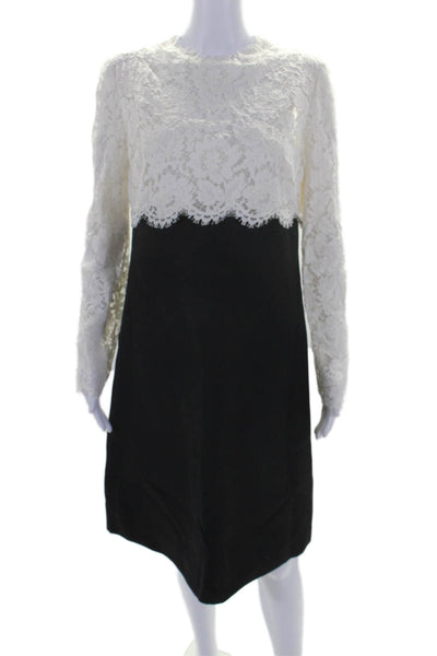 Valentino Womens Back Zip Long Sleeve Lace Top Shift Dress White Black IT 46