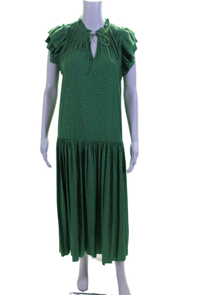 Current Air Women's Round Neck Ruffle Sleeves Flare Maxi Dress Green Size S