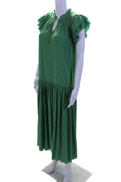 Current Air Women's Round Neck Ruffle Sleeves Flare Maxi Dress Green Size S