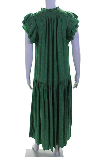 Current Air Women's Round Neck Ruffle Sleeves Flare Maxi Dress Green Size S