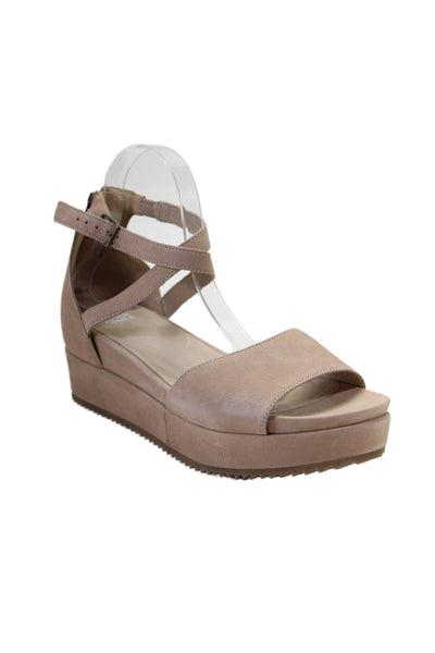 Eileen Fisher Womens Nubuck Open Toe Platform Ankle Strap Sandals Beige Size 10