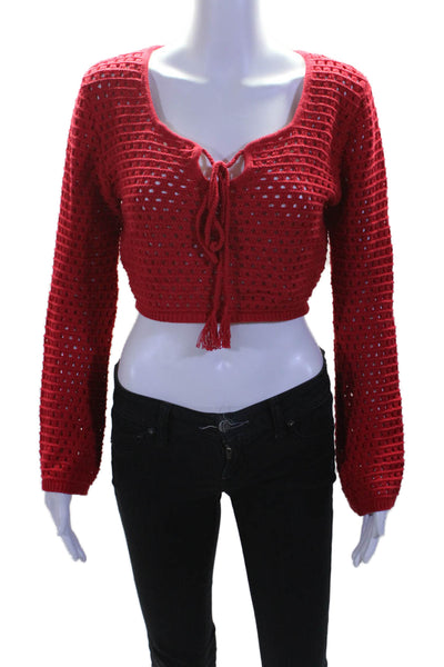 Moussy Women's Tassel Long Sleeves Open Knit Cropped Sweater Red Size S