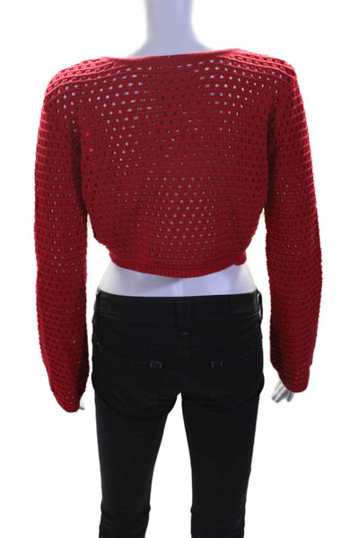 Moussy Women's Tassel Long Sleeves Open Knit Cropped Sweater Red Size S