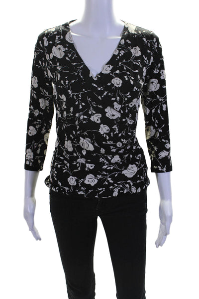 Lauren Ralph Lauren Women's V-Neck 3/4 Sleeves Wrap Floral Blouse Black Size S