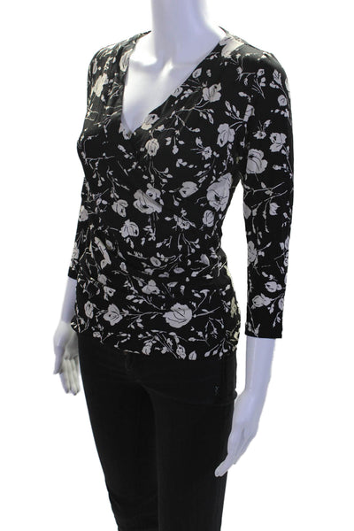 Lauren Ralph Lauren Women's V-Neck 3/4 Sleeves Wrap Floral Blouse Black Size S