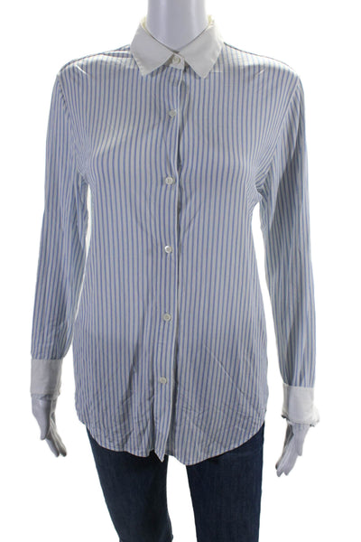 Theory Womens Long Sleeve Striped Button Down Stretch Blouse White Blue Size S