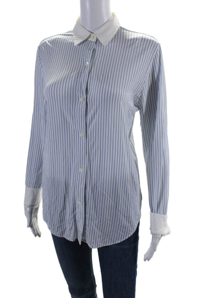 Theory Womens Long Sleeve Striped Button Down Stretch Blouse White Blue Size S