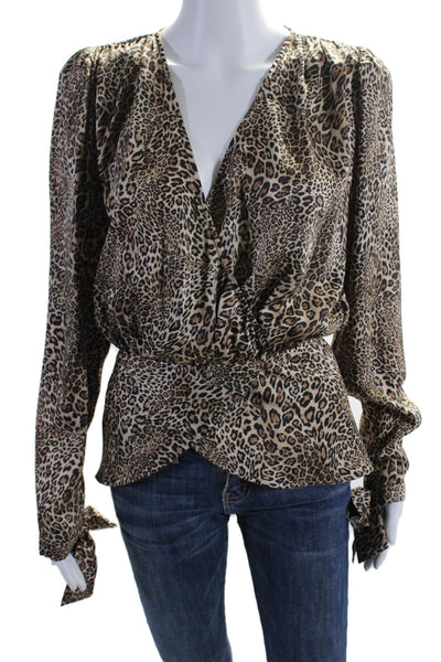 Ronny Kobo Womens Leopard Print V Neck Long Sleeve Blouse Brown Size S