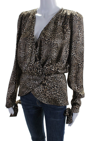 Ronny Kobo Womens Leopard Print V Neck Long Sleeve Blouse Brown Size S