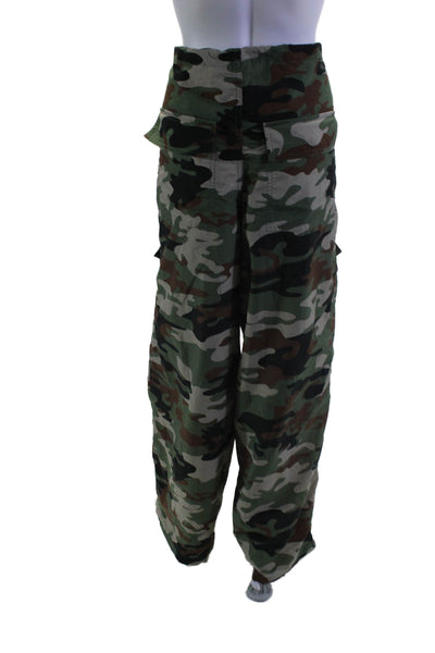 AFRM Womens Camouflage Print Wide Leg Drawstring Cargo Trousers Green Size S