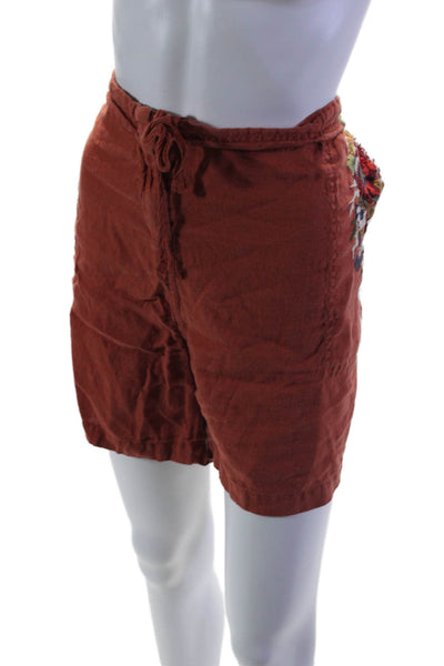 JW Los Angeles Womens Linen Rust Floral Embroidered High Waisted Shorts Size XXL