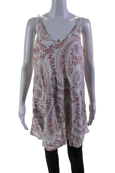 Flax Womens Linen White Red Floral Scoop Neck Sleeveless Tank Top Size L