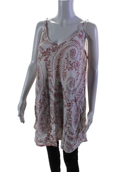 Flax Womens Linen White Red Floral Scoop Neck Sleeveless Tank Top Size L