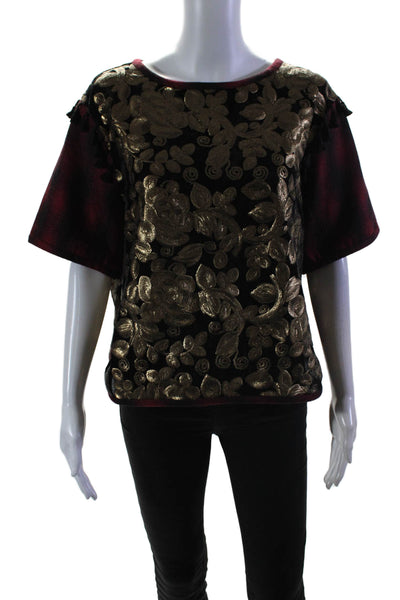 Love Binetti Womens Red Gold Wool Blend Sequins Printed Blouse Top Size L