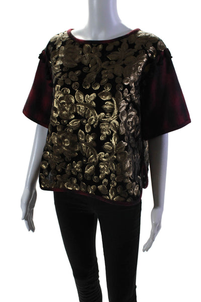 Love Binetti Womens Red Gold Wool Blend Sequins Printed Blouse Top Size L