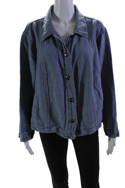 Flax Womens Blue Linen Blend Collar Button Down Long Sleeve Jacket Size XL