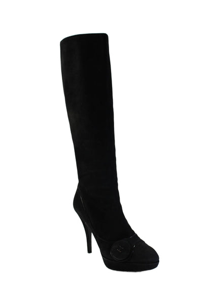 Louis Vuitton Womens Side Zip Stilted Cap Toe Knee High Boots Black Suede 37