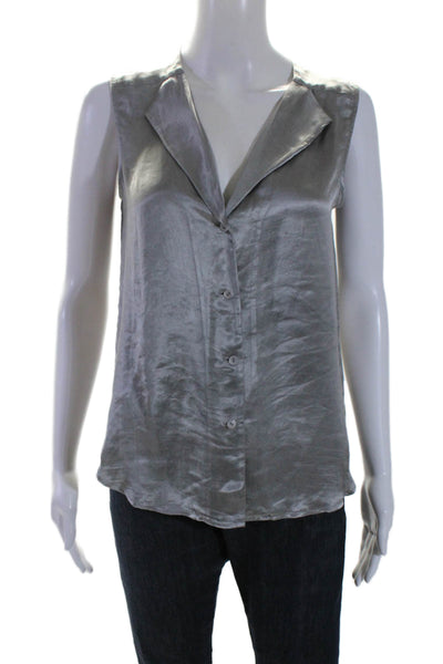 Theory Women's Round Neck Sleeveless Button Down Shirt Silver Size S