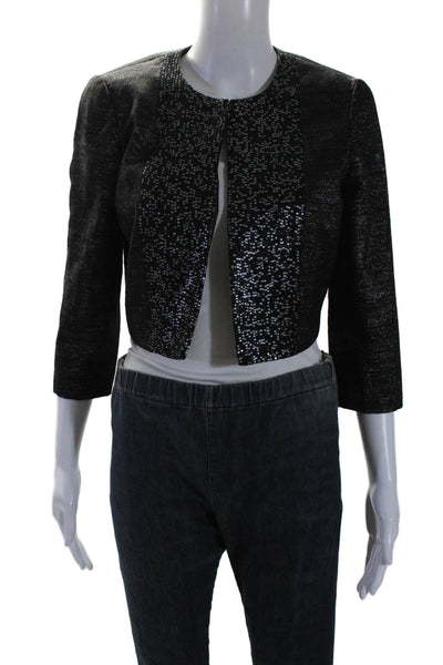 Carmen Marc Valvo Women's 3/4 Sleeves Open Front Sequin Jacket Black Size 6