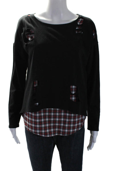 Generation Love Womens Plaid Long Sleeves Sweatshirt Black Red Size Medium