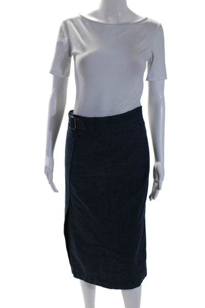 Akris Womens Blue Dark Wash Buckle Front Slit Lined Midi Pencil Skirt Size 6