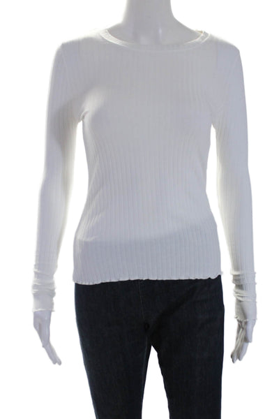 Goldie Womens Long Sleeve Lettuce Hem Slim Fit Ribbed Knit Top White Size XS