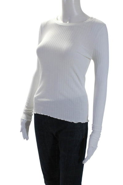 Goldie Womens Long Sleeve Lettuce Hem Slim Fit Ribbed Knit Top White Size XS