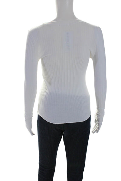 Goldie Womens Long Sleeve Lettuce Hem Slim Fit Ribbed Knit Top White Size XS