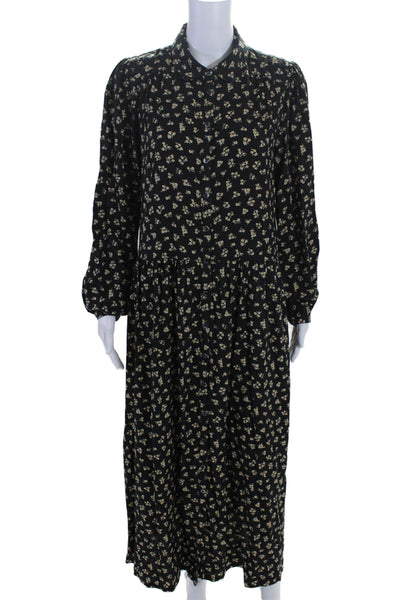 Lost + Wander Womens Floral Print Collared Button Long Sleeve Dress Black Size M