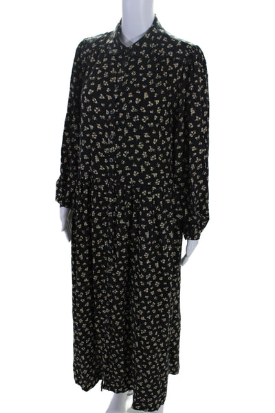 Lost + Wander Womens Floral Print Collared Button Long Sleeve Dress Black Size M