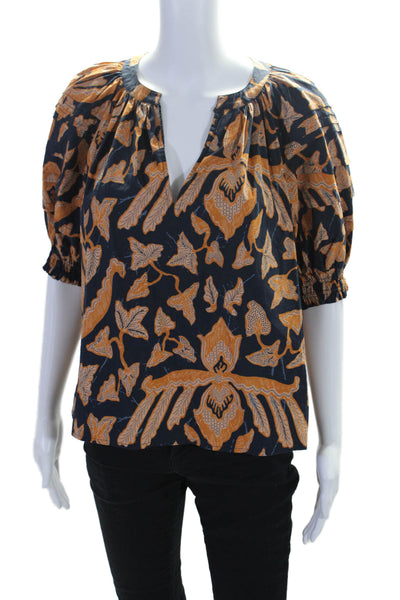 Ulla Johnson Women's Round Neck Puff Sleeves Leaf Print Cotton Blouse Size 0