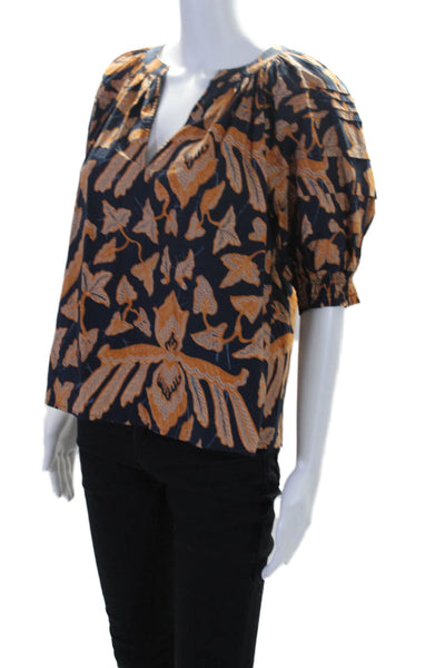 Ulla Johnson Women's Round Neck Puff Sleeves Leaf Print Cotton Blouse Size 0