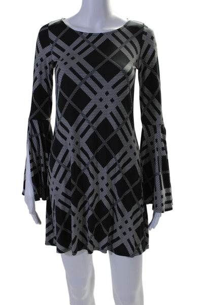 Ariella Womens Diamond Print Bell Long Sleeve Mini Shift Dress Multicolor Size S