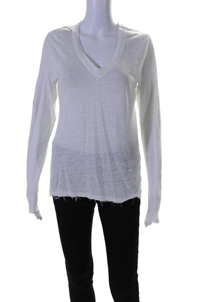 Elan Womens Linen Distressed Hem Long Sleeve V-Neck Shirt Top White Size S