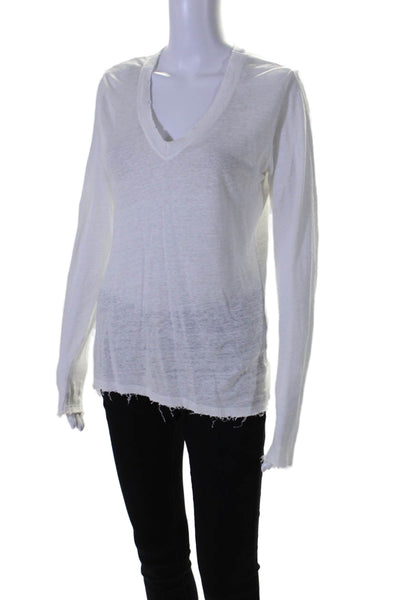 Elan Womens Linen Distressed Hem Long Sleeve V-Neck Shirt Top White Size S