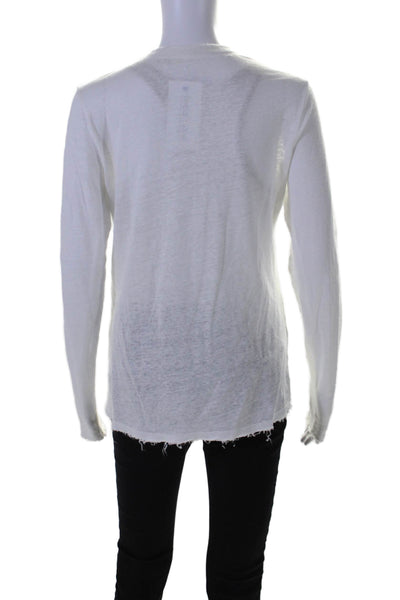 Elan Womens Linen Distressed Hem Long Sleeve V-Neck Shirt Top White Size S