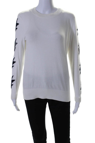 Elan Womens Thin Knit Star Print Rib Hem Long Sleeve Crewneck Top White Size S