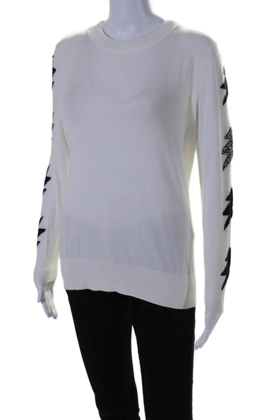 Elan Womens Thin Knit Star Print Rib Hem Long Sleeve Crewneck Top White Size S