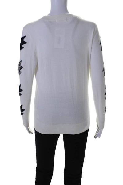 Elan Womens Thin Knit Star Print Rib Hem Long Sleeve Crewneck Top White Size S