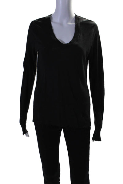 Elan Womens Linen Distressed Hem Long Sleeve V-Neck Shirt Top Black Size S