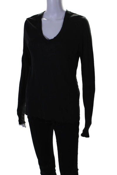 Elan Womens Linen Distressed Hem Long Sleeve V-Neck Shirt Top Black Size S