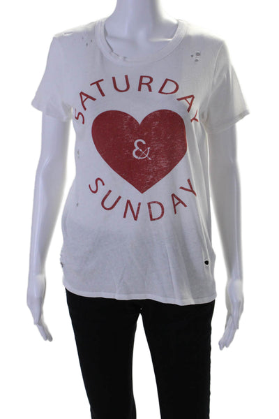 Chaser Womens Cotton Love Weekends Distressed Graphic T-Shirt White Red Size XS