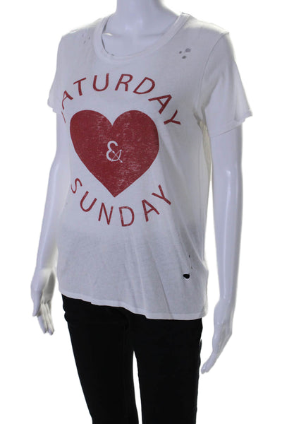 Chaser Womens Cotton Love Weekends Distressed Graphic T-Shirt White Red Size XS