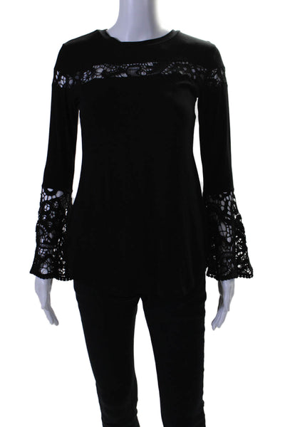 Atina Cristina Womens Embroidered Cut Out Flounce Sleeve Top Black Size XS