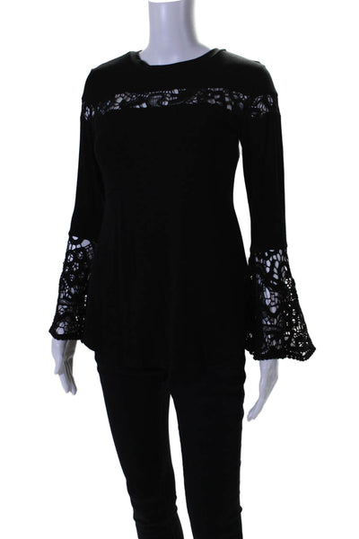 Atina Cristina Womens Embroidered Cut Out Flounce Sleeve Top Black Size XS