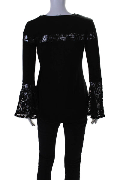 Atina Cristina Womens Embroidered Cut Out Flounce Sleeve Top Black Size XS