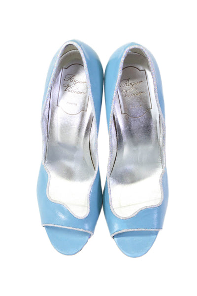 Roger Vivier Womens Leather Metallic Peep Toe Spool High Heel Pumps Blue Size 6