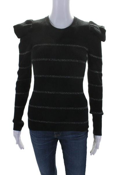 7 For All Mankind Womens Pointed Shoulder Striped Sweatshirt Black Size XS