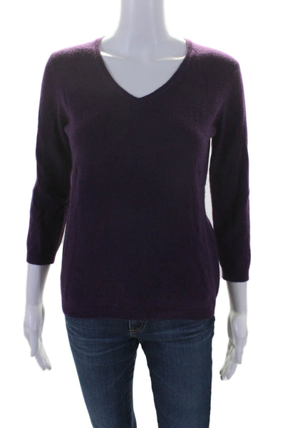 Neiman Marcus Womens 3/4 Sleeve V Neck Cashmere Sweater Purple Size Small