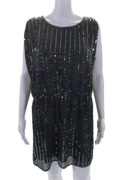 Greylin Anthropologie Womens Navy Sequins Beaded Scoop Neck Shift Dress Size M